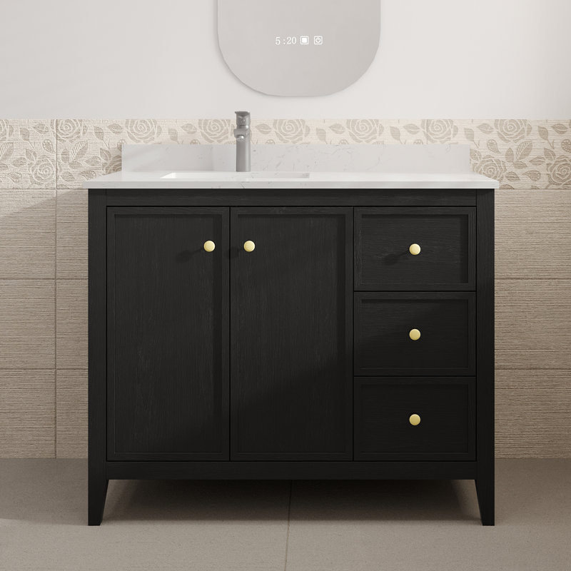 Meuble-lavabo Aura 42 po entièrement assemblé, autoportant, avec comptoir et dosseret en marbre reconstitué blanc de Carrare, noir
