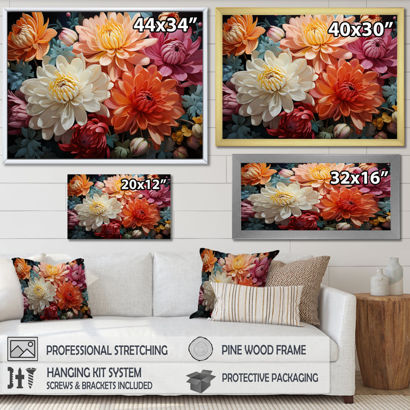«Mums Mums In Bloom III», reproduction d'art sur toile, Cadre simple noir, H 16 po x l 32 po x P 1 po