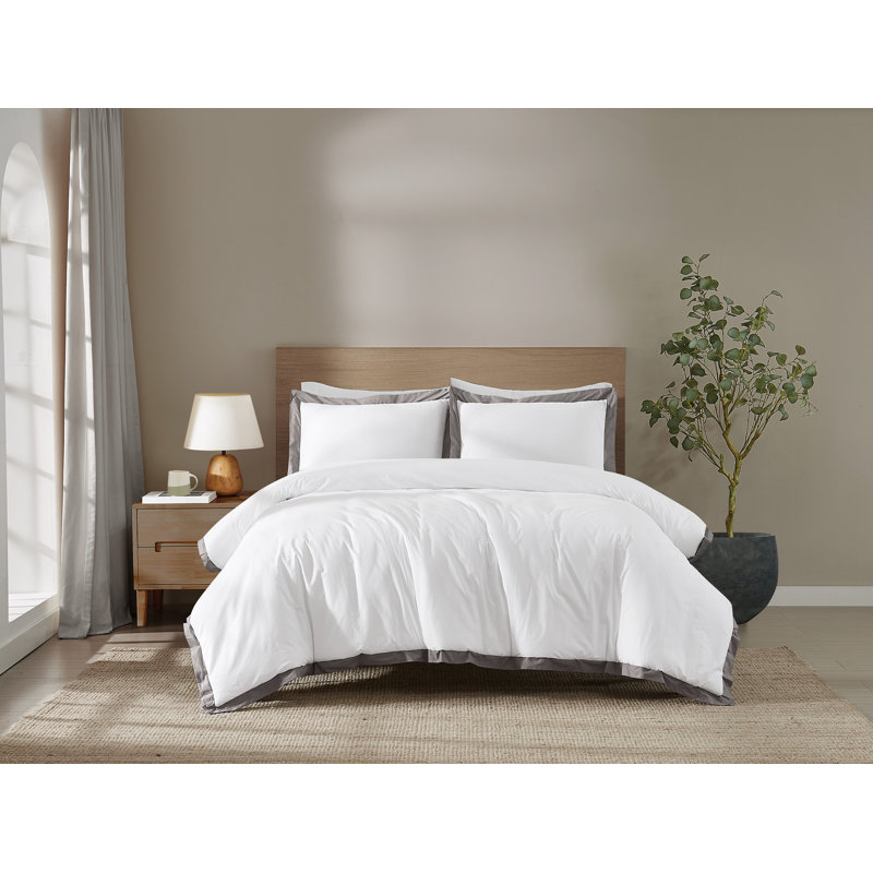 Brooklyn Loom Cotton Face Hotel Border Comforter Set, White/Gray, Queen Comforter + 2 Standard Shams