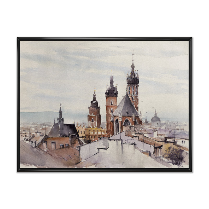 Vieille ville de Cracovie en Pologne - reproduction sur toile flottante, Cadre noir, H 8 po x l 12 po x P 1 po
