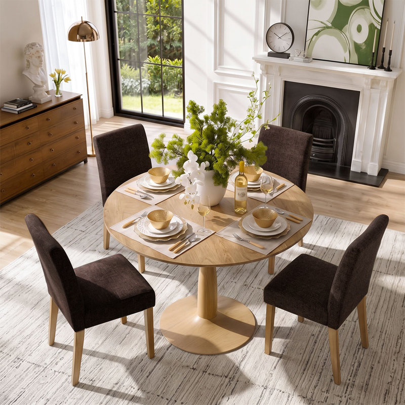 Ensemble de table et de chaises pour 4 personnes avec table ronde et 4 chaises rembourrées à pieds en bois massif, Brun