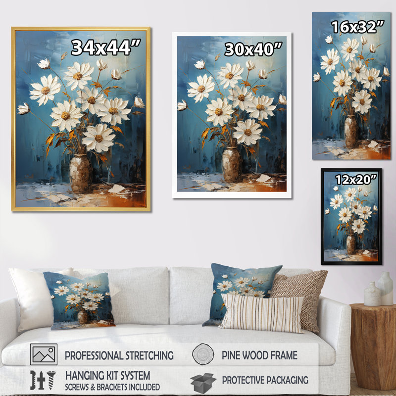 Bouquet de marguerites blanches - sérénité - décoration murale marguerites, Cadre doré simple, H 44 po x l 34 po x P 1,5 po