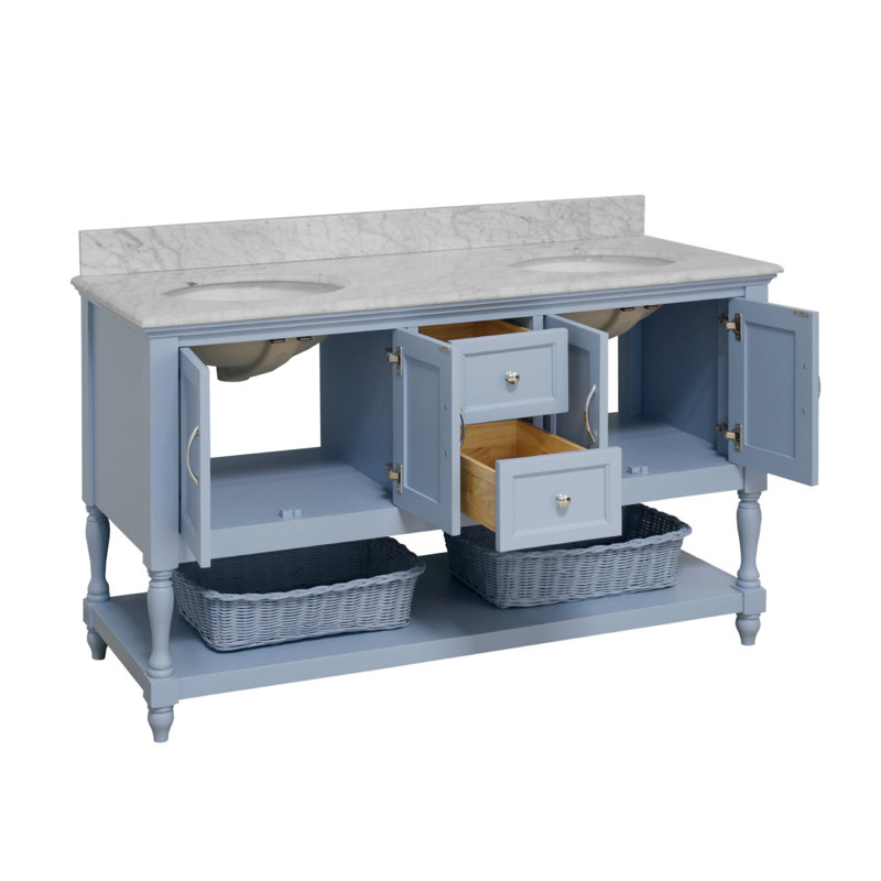 Hampton 60'' Double Bathroom Vanity with Top, Carrara Marble, Powder Blue