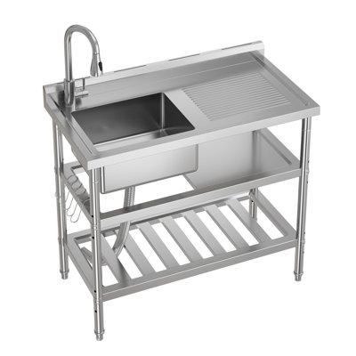 304 Stainless Steel 39.3 x 19.7 x 37inch Double Bowl Utility Sink with Pull-Out Faucet – Freestanding Commercial Wash Station with Integrated   & Open Shelf – Rust-Resistant for Garage. Kitchen & Laundry