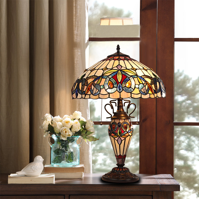 Lampe de table 3 lumières Howey Victorian Tiffany, Blanc / bleu / vert