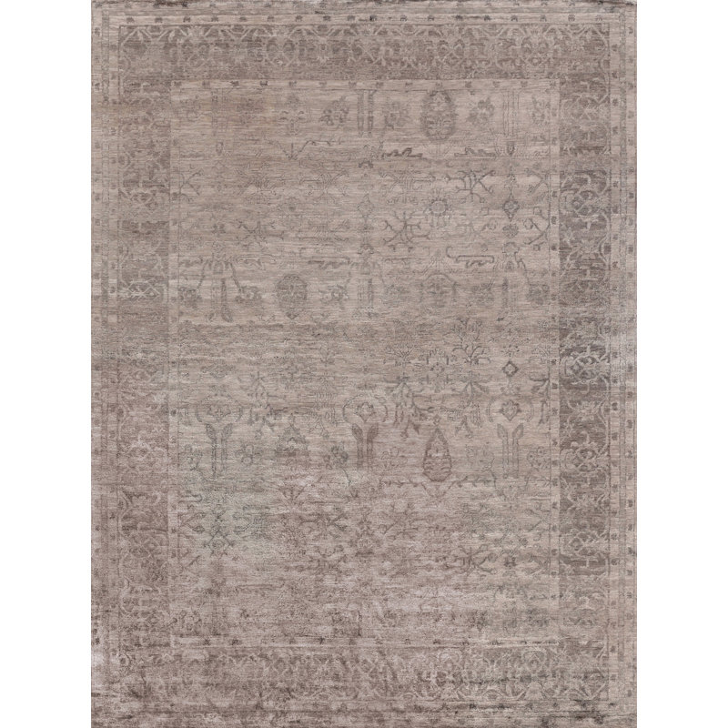 Antique'd Silk Oriental Area Rug in Taupe, Rectangle 6' x 9'