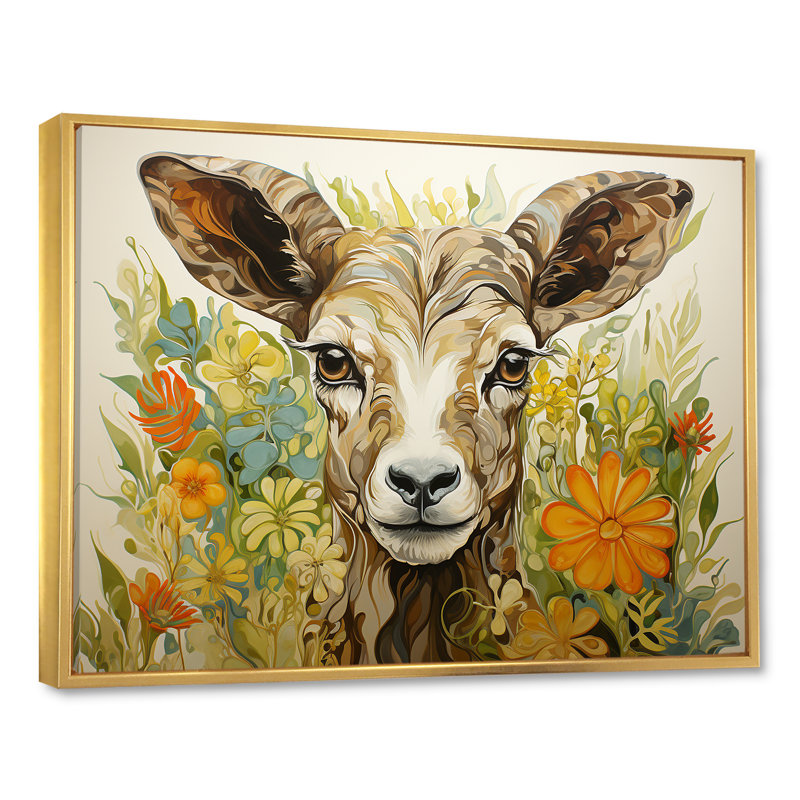 «Brown Goat Farm Meadow III», art mural animal de chèvre, Cadre flottant doré, H 34 po x l 44 po x P 1,5 po