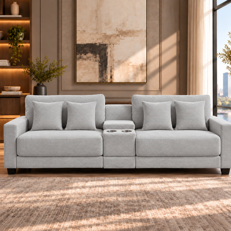 Cottie 111.8" W 3-Piece Reversible Corduroy Sectional, Gray Corduroy