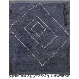 Tapis rétro bleu foncé en laine noué à la main 6 pi 3 po x 7 pi 5 po Vintage