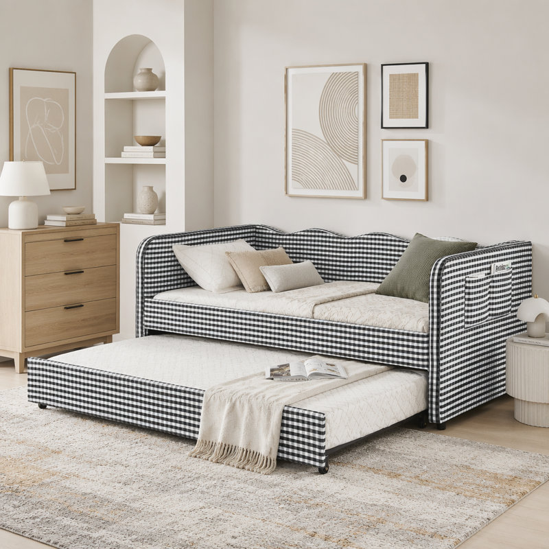 Lit de jour simple en vichy convertible 3 en 1 avec couchette et poches de rangement, Black
