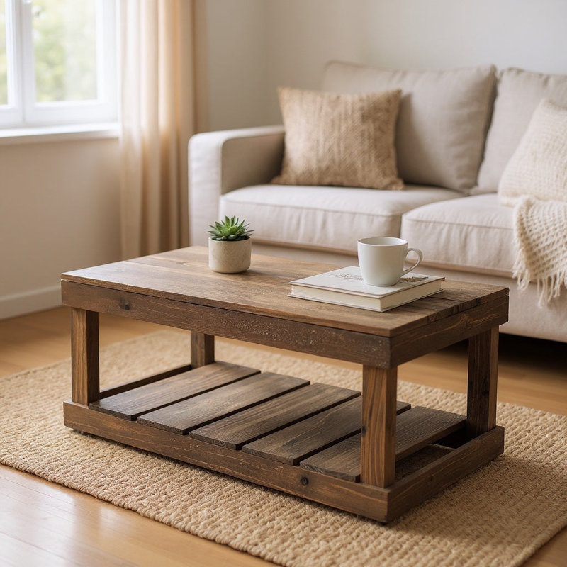 36" Handcrafted Rustic Coffee Table with Floor Shelf – Solid Wood, Dark Walnut Finish