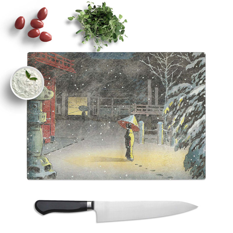 Tempered Glass Nezu Shrine in Snow by Tsuchiya Koitsu Chopping Board, 39 cm x 28.5 cm
