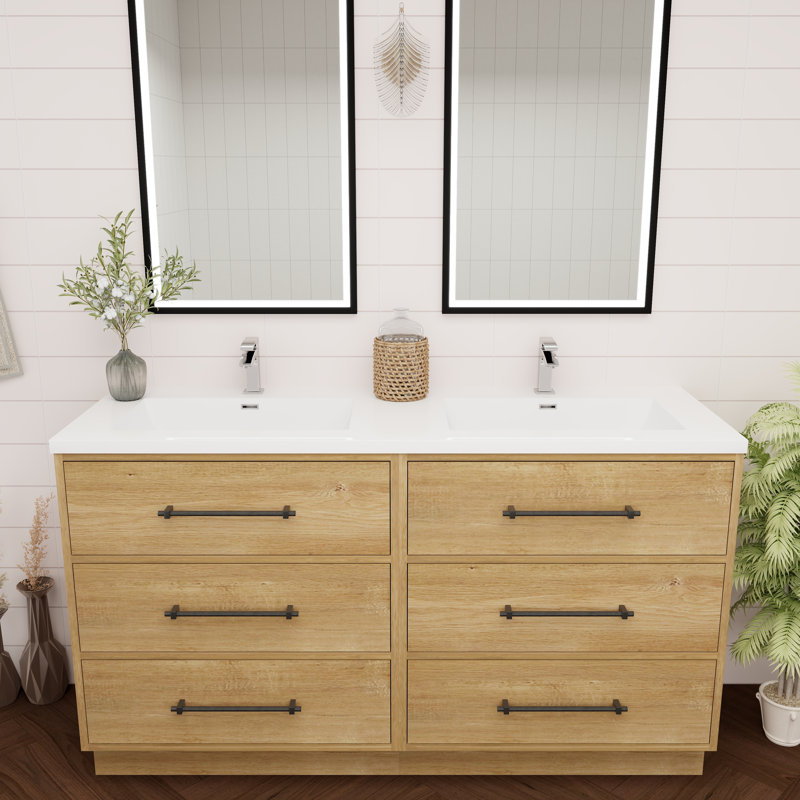 Oak Finish Double Bathroom Vanity with Acrylic Top