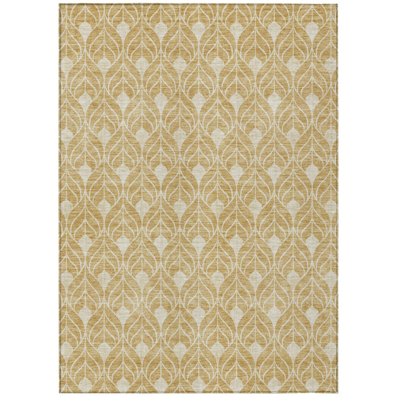 3' X 5' Gold And Ivory Geometric Washable Indoor Outdoor Area Rug