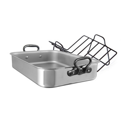 Mauviel Stainless Steel Roasting Pan With Rack and Cast Iron Handles, 15.7 x 11.8-In