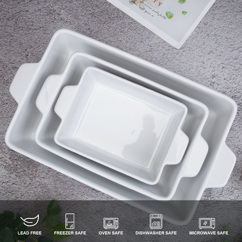 White Ceramic Non-stick Baking Dish Set with Handles, 12"/9"/7"