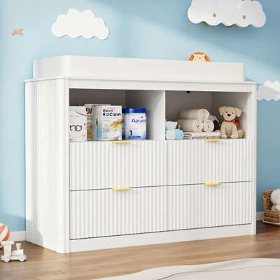 Fluted Changing Table Dresser With 4 Drawers And Open Storage Space, Wooden Detachable Design Diaper Changing Tables for Nursery， Home