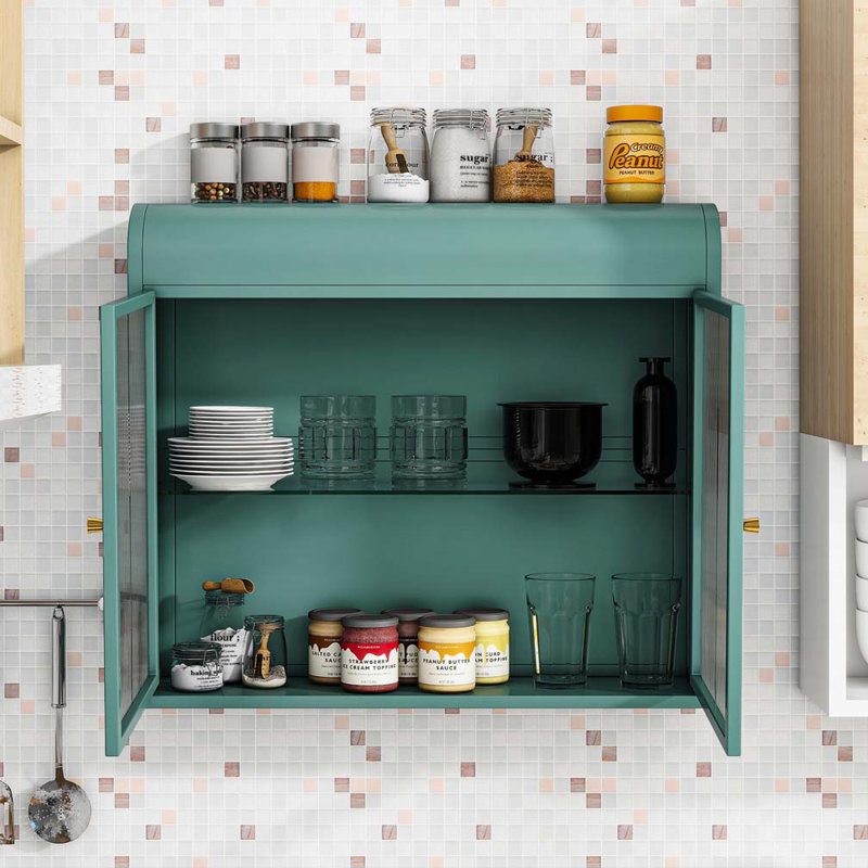 Armoire de rangement murale - Armoire en métal à 2 portes avec verre trempé, tablettes réglables pour la salle de bain, la cuisine, le bureau