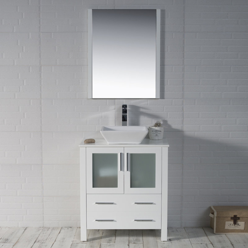 Ensemble de meuble-lavabo pour salle de bain simple 30 po avec miroir Mance, Blanc lustré