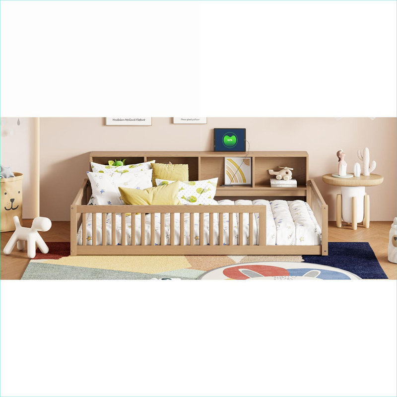Twin XL Size Floor Bed Frame, Modern Minimalist Solid Wood Brown-toned Bed With Built-In Storage And USB Charging Ports