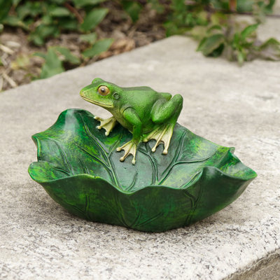 Frog on Lily Pad Resin Bird Bath & Feeder Bowl, 6.7" Outdoor Garden Decor Water Station for Birds Bees Butterflies, All-Weather Backyard Patio Deck Ornament, Housewarming Gift