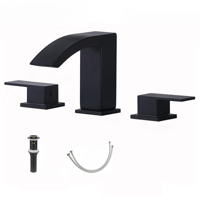 8 Inch Black Widespread Waterfall Matte Black Square Bathroom Sink Faucet