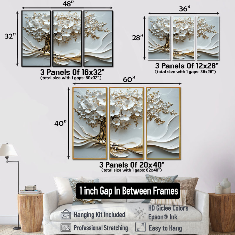 Cerisiers en fleurs blanc doré II - ensemble d'art mural cerisier en fleurs, Toile argentée avec cadre flottant
