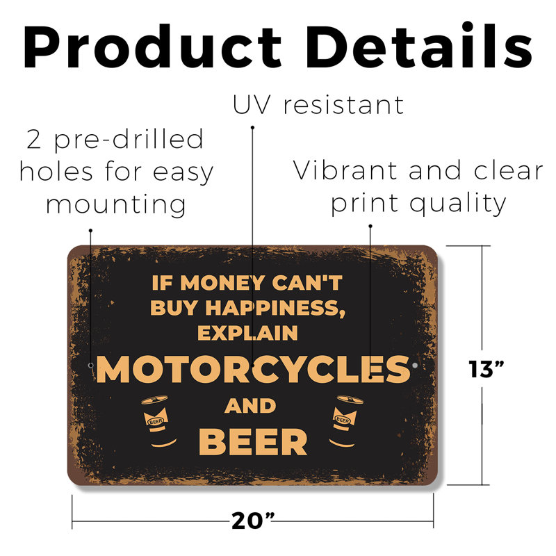 Enseigne en plastique 13 po x 20 po If If Impossible can Buy Happiness Explain Motorcycles & Beer