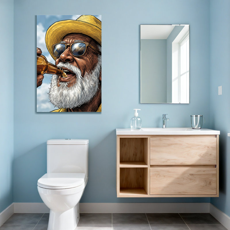 Fashion Old Man buvant de la bière avec un chapeau et des lunettes de soleil, H 24 po x l 36 po