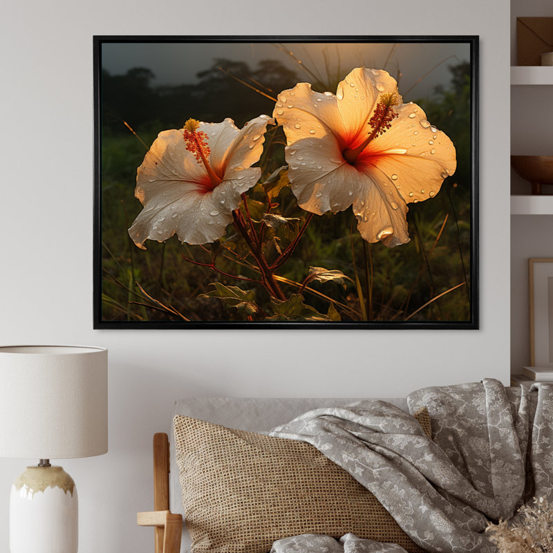 Hibiscus Field With Sunset II - Floral Canvas Art Print, H 24 po x l 32 po x P 1 po, Cadre flottant noir