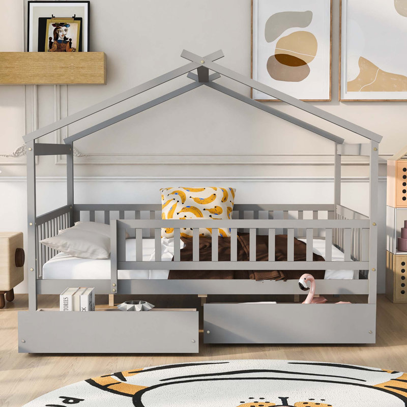 Lit en bois avec deux tiroirs, Gris, Double