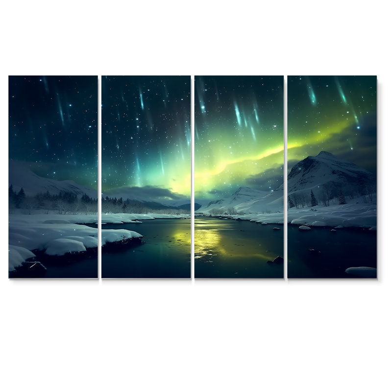 «Green Northern Lights River Snow Landscape - Aurora Borealis», ensemble d'art mural 4 pièces, H 28 po x l 48 po