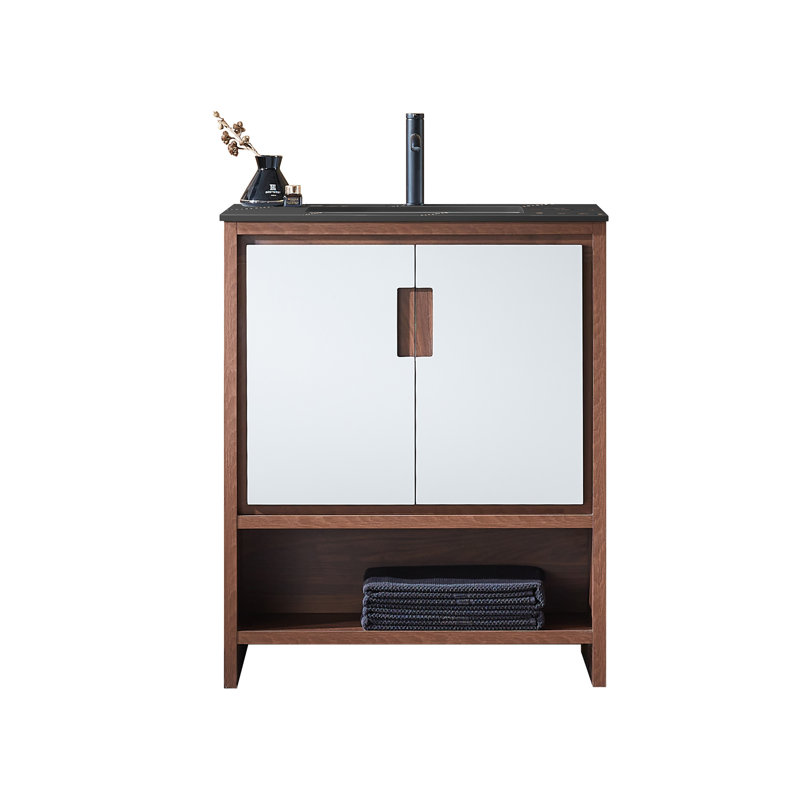 Lyon 30" W Single Vanity, Beige/Walnut, Black
