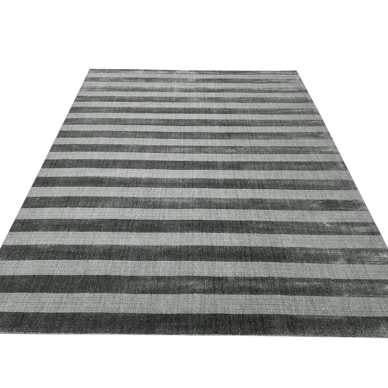 Gray Hand-Knotted Wool Subtle Stripes Geometric Modern Contemporary Carpet Rug, 10' x 14'