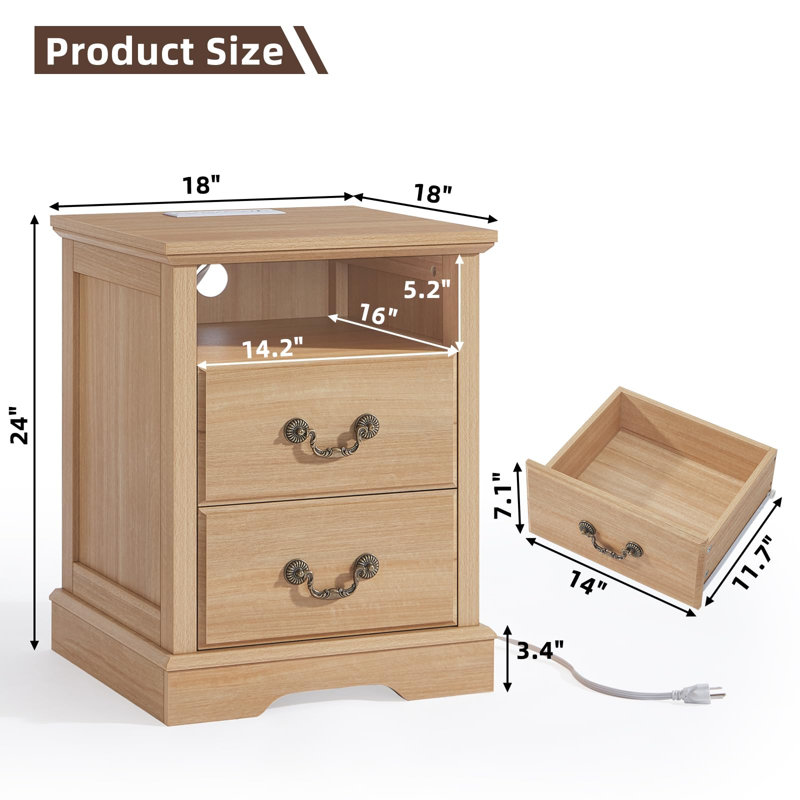 Farmhouse Nightstand with Charging Station and Two Drawers, Natural