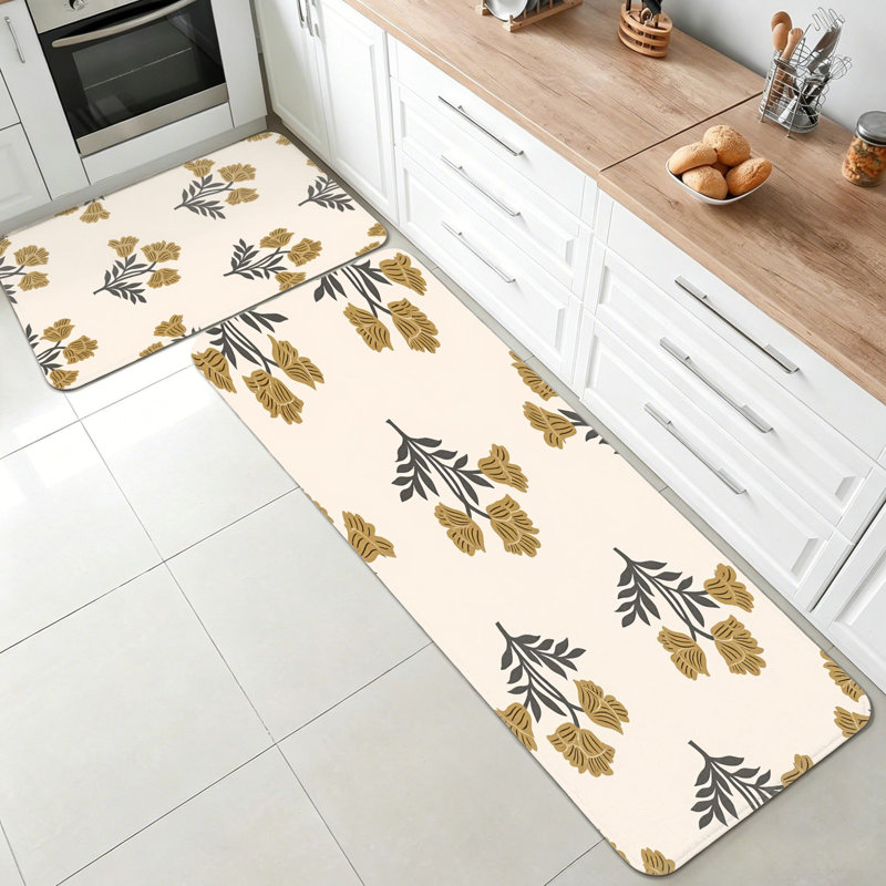 Tapis de cuisine jaune moutarde à imprimé floral rétro 2 pièces, solarium