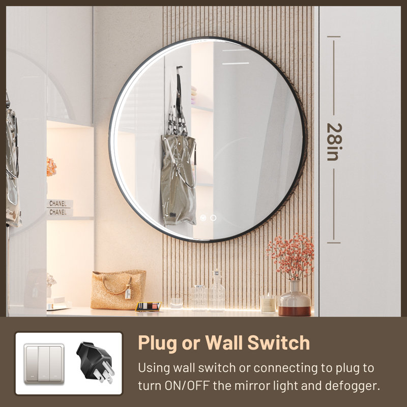Fantina Round 3 Color Adjustable LED Metal Framed Wall Mirror with Anti-fog, Black, 28" x 28"