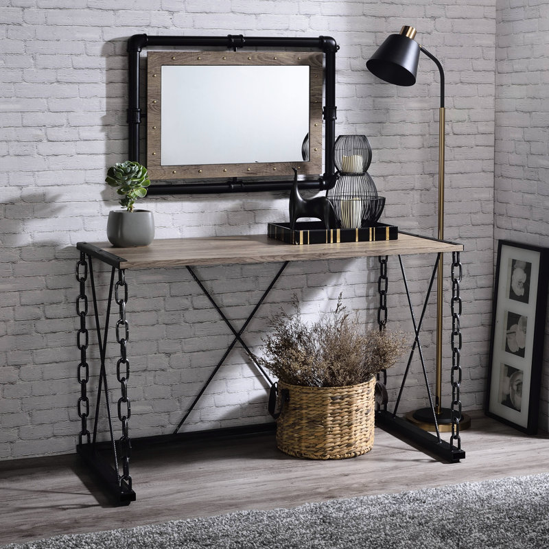 Élégante console avec texture en chêne rustique et éléments noirs antiques