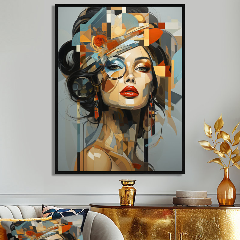 «Glam Harmonious Cubist Woman Portrait I», art mural sur toile tendance, H 32 po x l 16 po, Reproduction avec cadre flottant