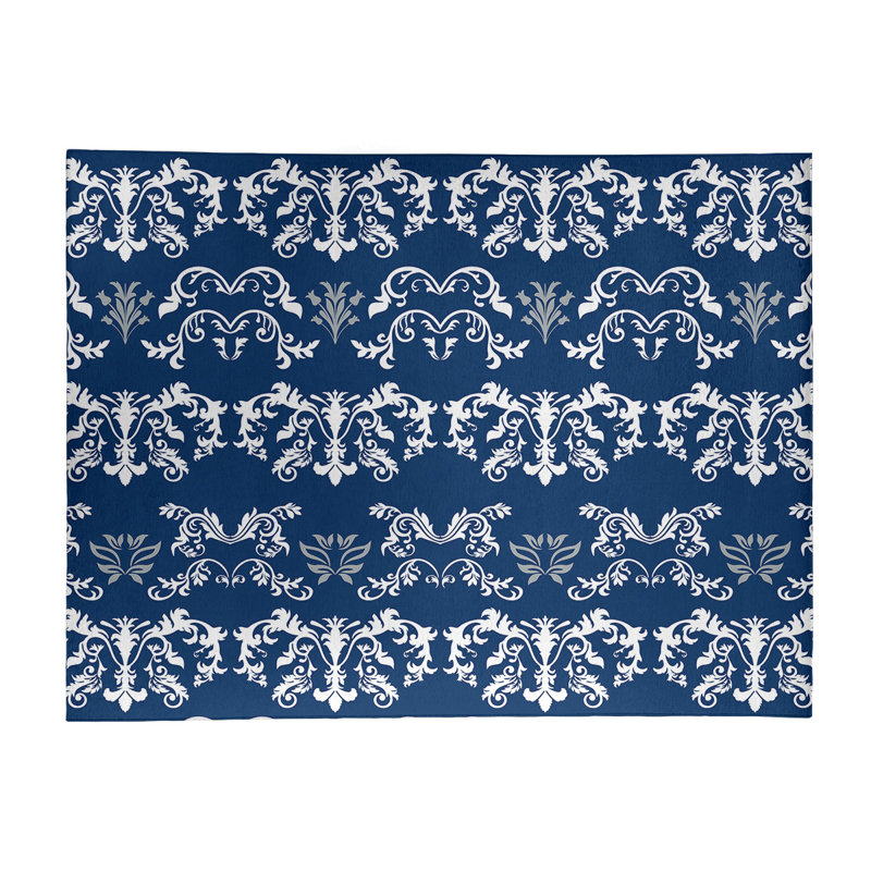 Tapis bleu marine / blanc Damask, Rectangle 9 pi x 12 pi