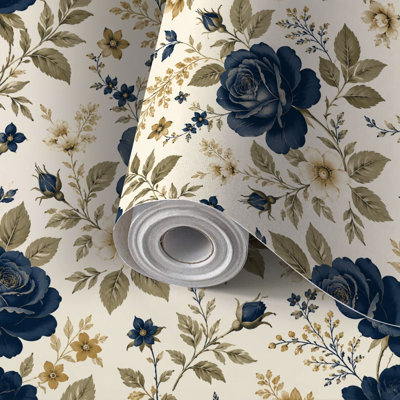 Peel and Stick Wallpaper Contact Paper Navy Blue Beige Floral Seamless Vintage Botanical Roses Leaves Self Adhesive and Removable 17.7in x 118in(45x300cm)