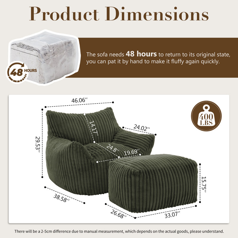 Compression Bean Bag Chair with Ottoman , Comfy Memory Foam Large Lazy Sofa, Green Corduroy