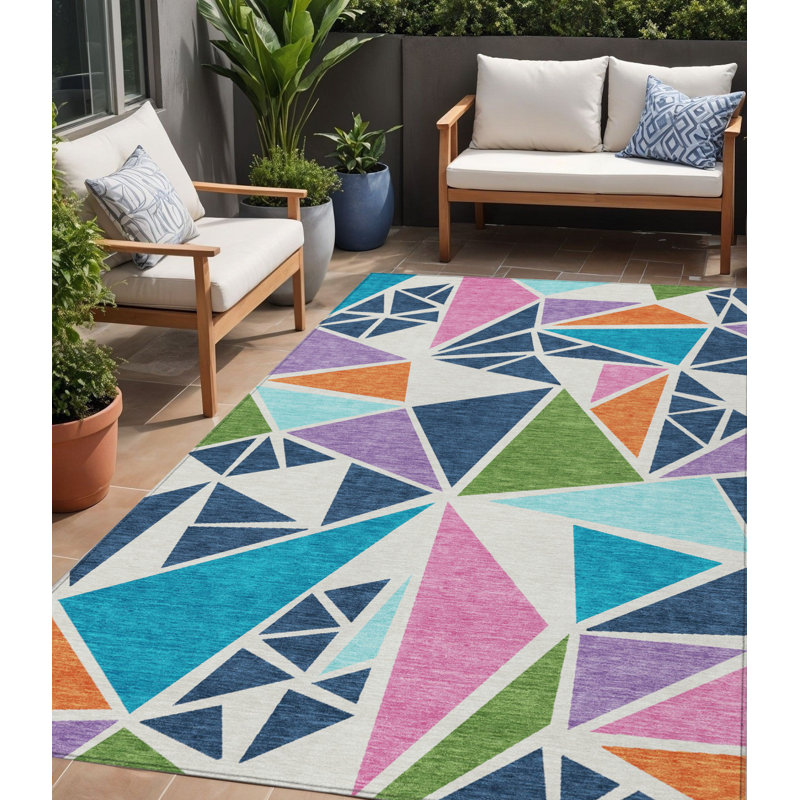 Tapis géométrique lavable intérieur / extérieur 5 pi x 8 pi bleu foncé