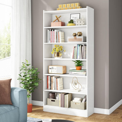 6-Tier Modern White Library Bookshelf with Spacious Storage for Living Room, Office, and Bedroom, Durable and Stylish
