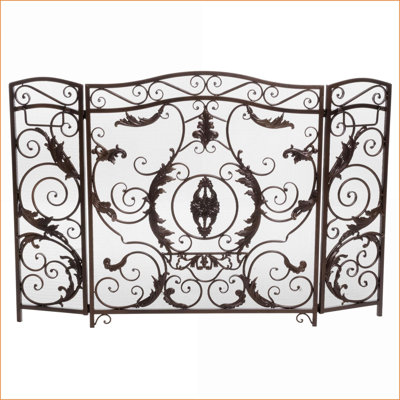 Fireplace Screen, Traditional Black with Gold Flower Iron Three-Panel Foldable | Black+Gold | Iron