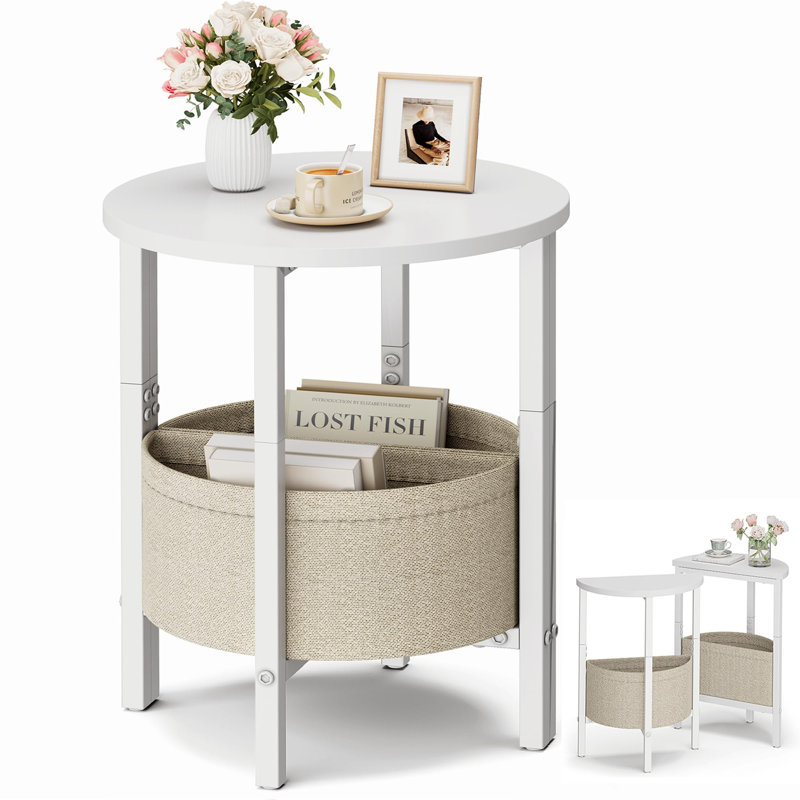 Grande table d'appoint avec panier de rangement, ensemble de 2 tables basses demi-rondes, tables de chevet, table de chevet moderne pour le salon, la chambre à coucher, blanc