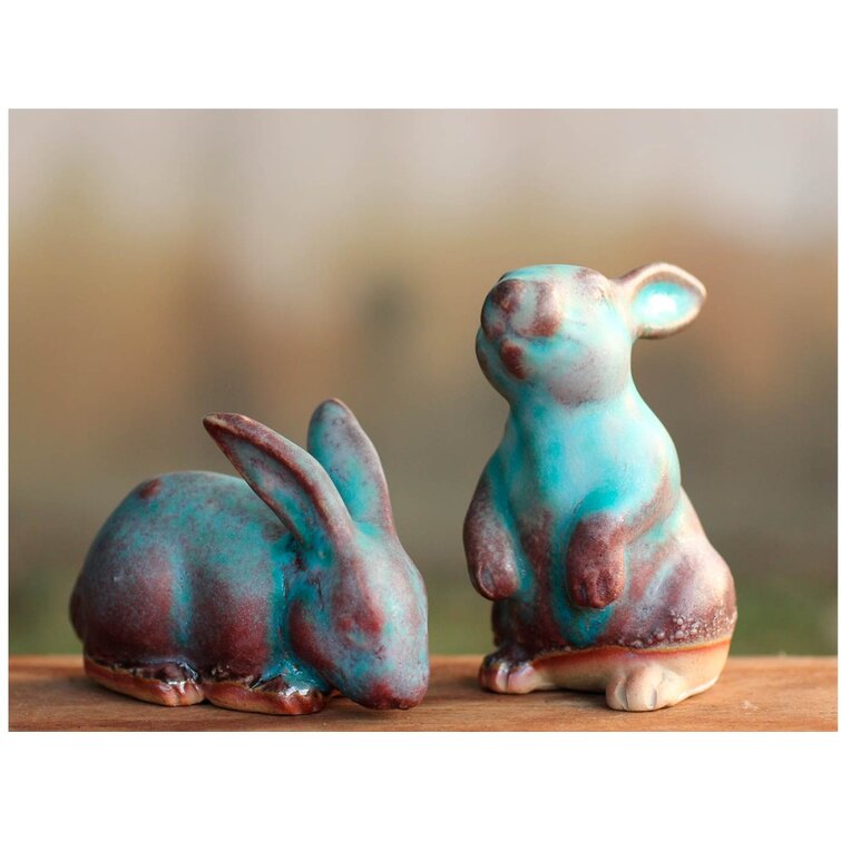 2 Celadon Ceramic Rabbit Figurines in Turquoise - Bunny Rabbits