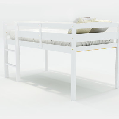 White Twin Loft Bed, Pine Wood Frame With Guardrails, Ideal For Limited - Space Homes Low Bed In White, Strong Support, Good Compact Bedrooms