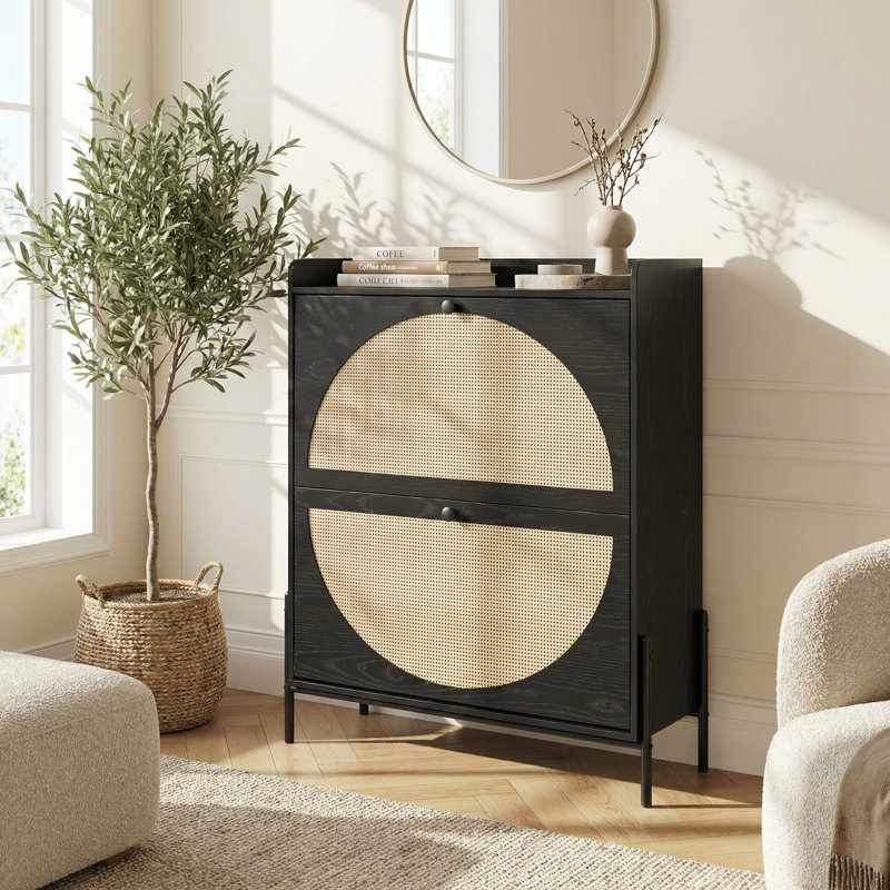 Armoire de rangement à chaussures étroite à deux tiroirs avec portes en rotin tissé - Organisateur de hall d'entrée autoportant pour espaces compacts