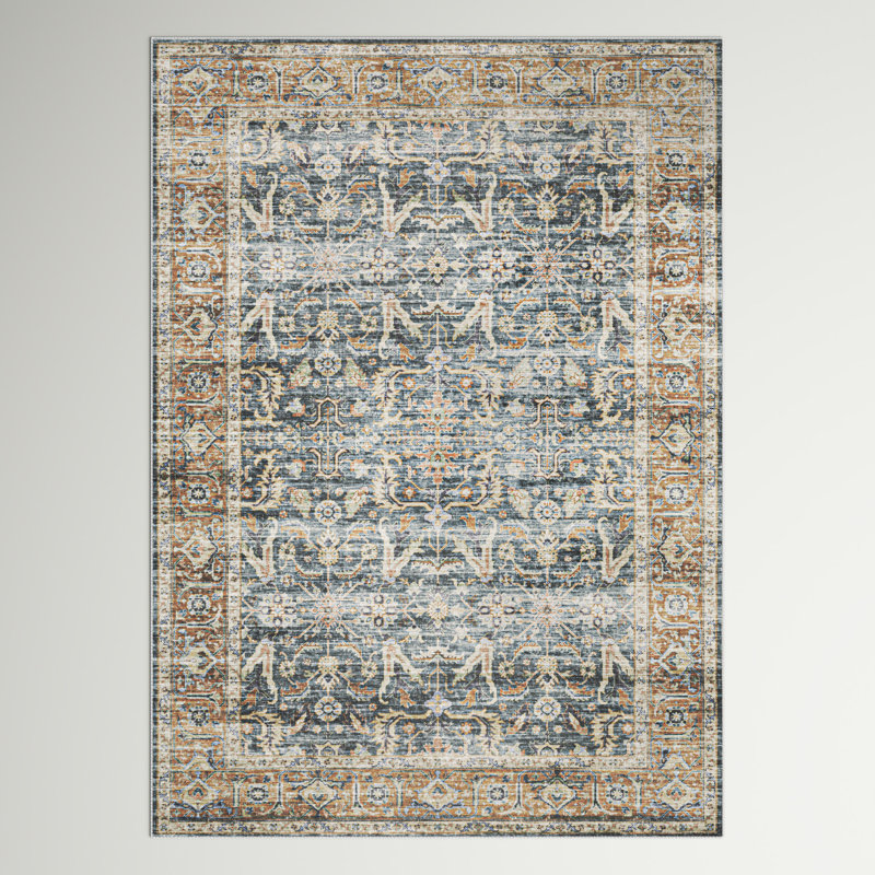 Tapis antidérapant bleu / rouille lavable à la machine Lake Macquarie, Rectangle 5 pi x 7 pi